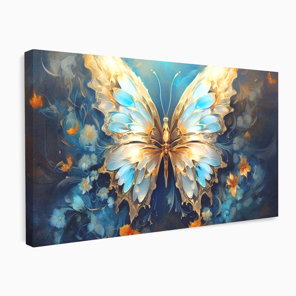 Tablou canvas cu tablou canvas cu fluture si flori, fara rama, pe sasiu de lemn